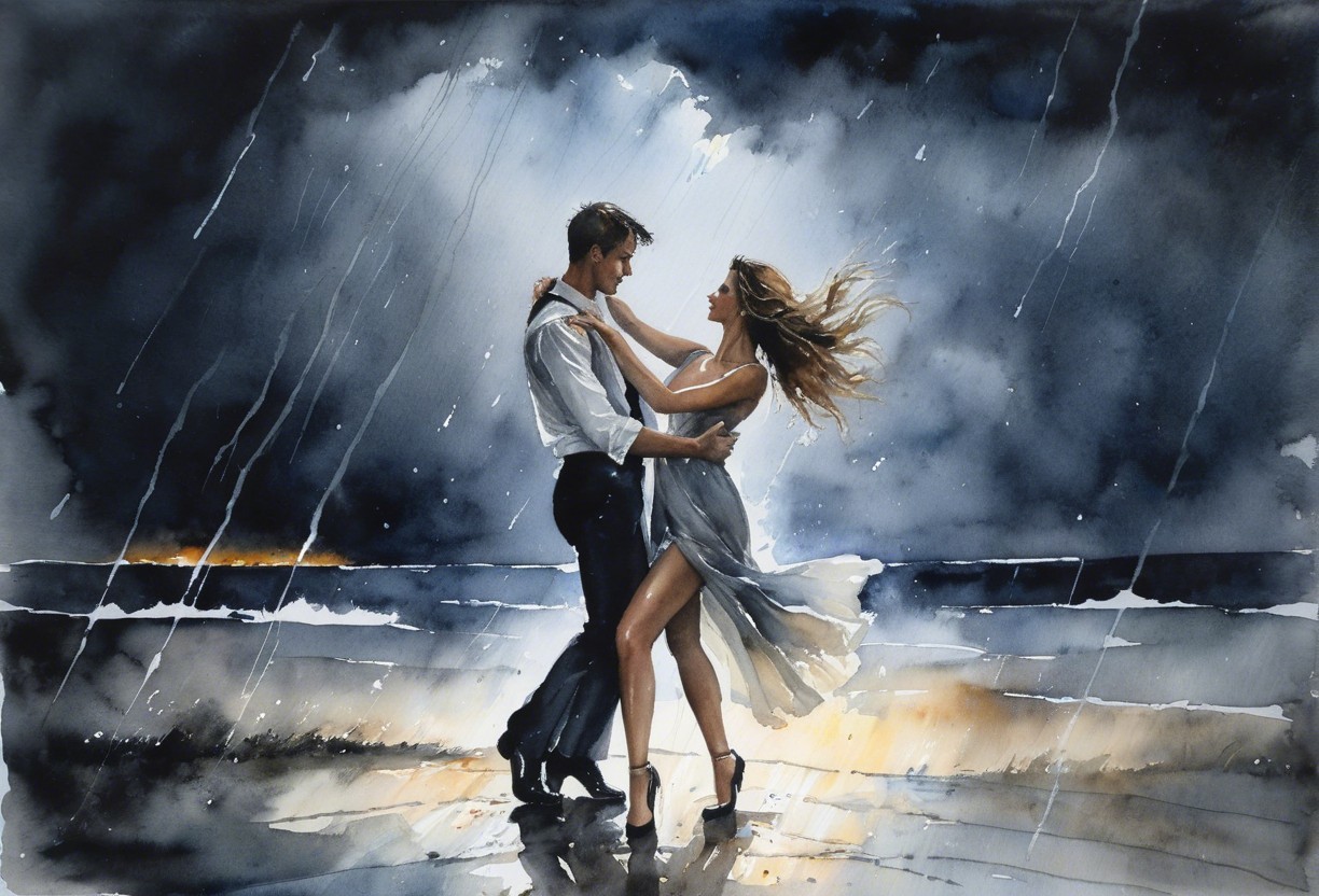 Couple Dancing in Rain Under Stormy Sky