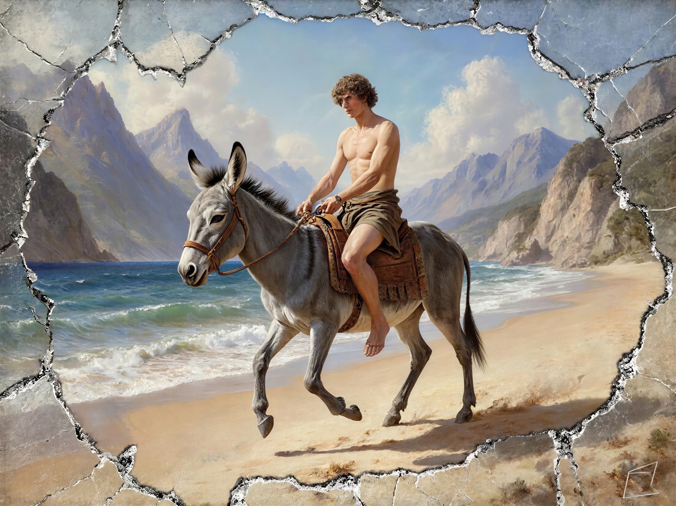 Roman Style Young Man Riding Donkey on Beach