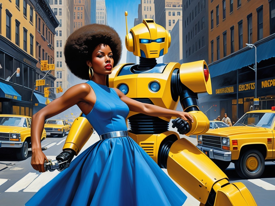 Stylish Woman and Robot in Vibrant Urban Scene