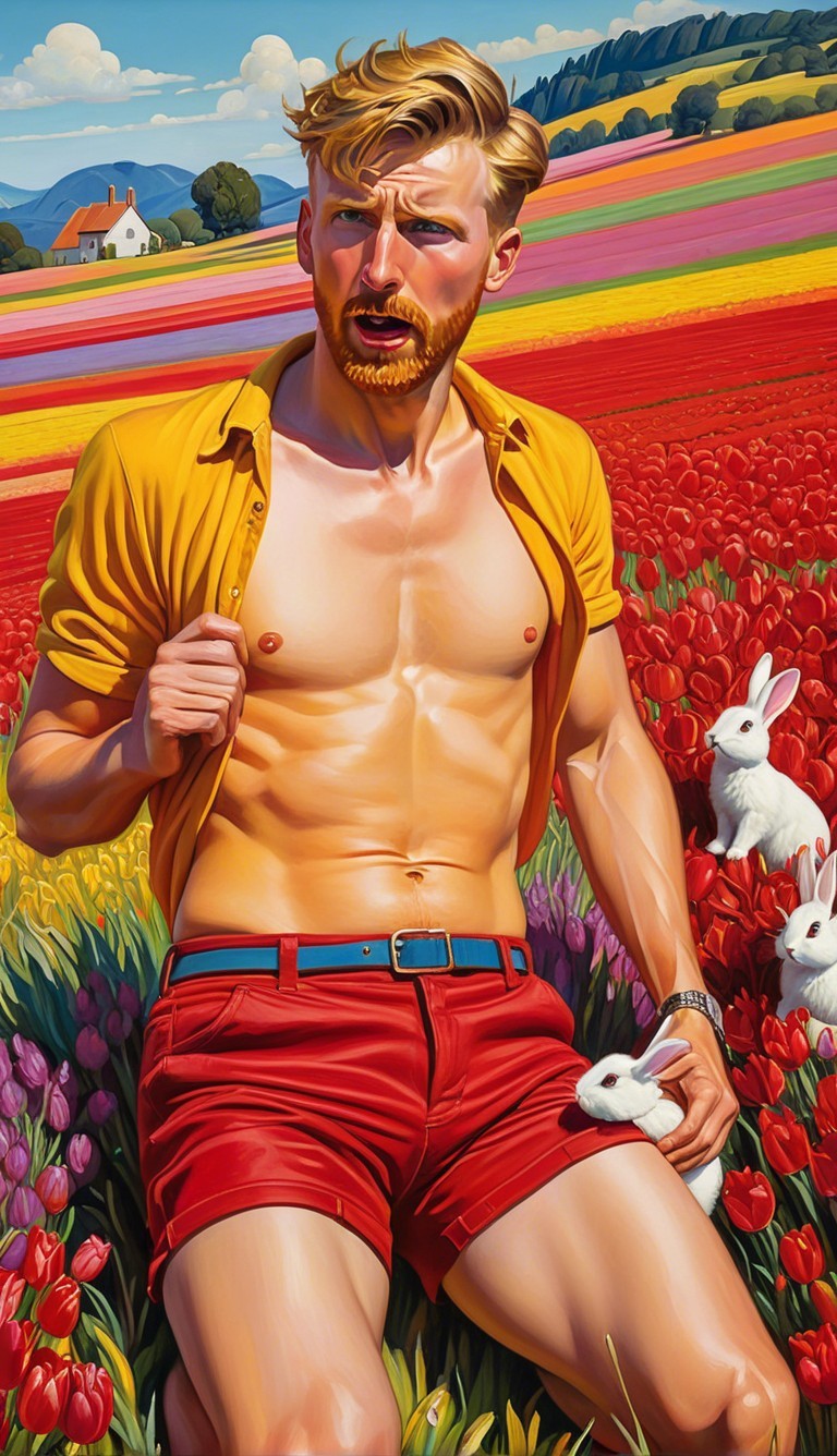 Man in Red Shorts Surrounded by Tulip Fields and Rabbit