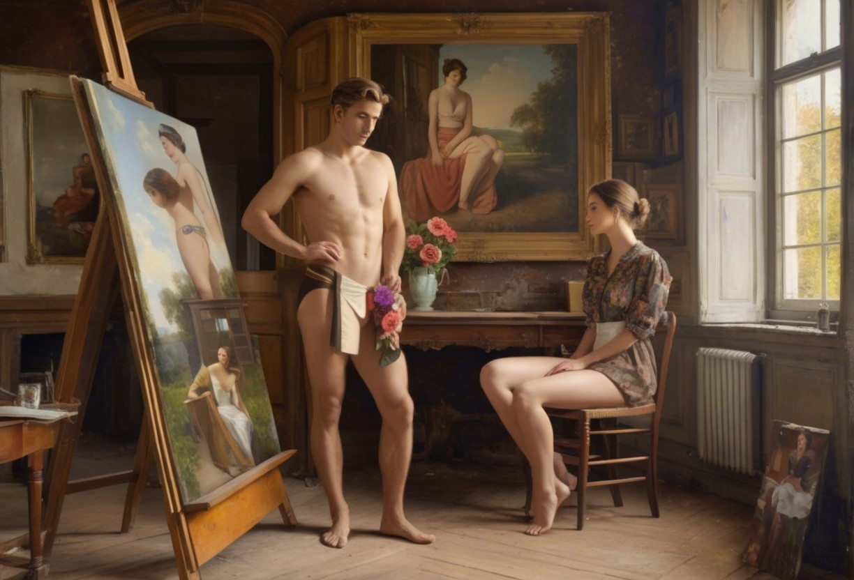 Male Model with Canvas in Sunlit Artist's Studio