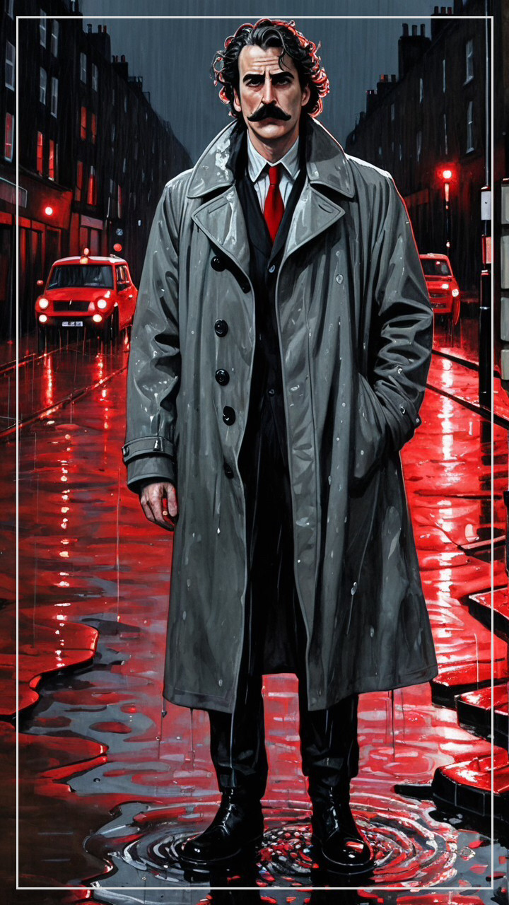 Stylish figure in trench coat on rain-soaked street
