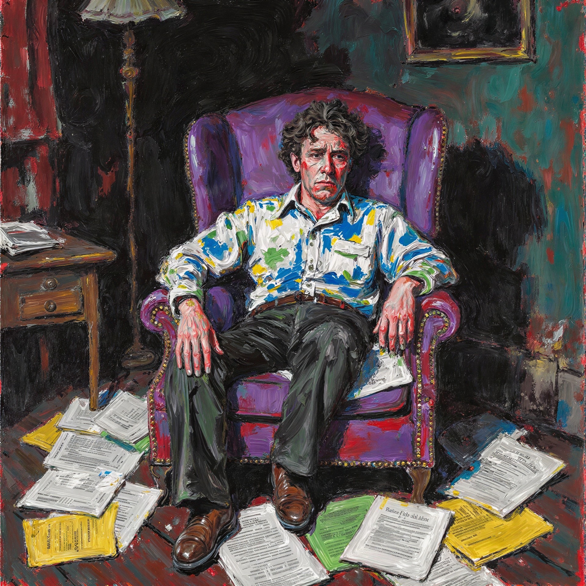 Oil Portrait of Older Man in Colorful Shirt and Armchair