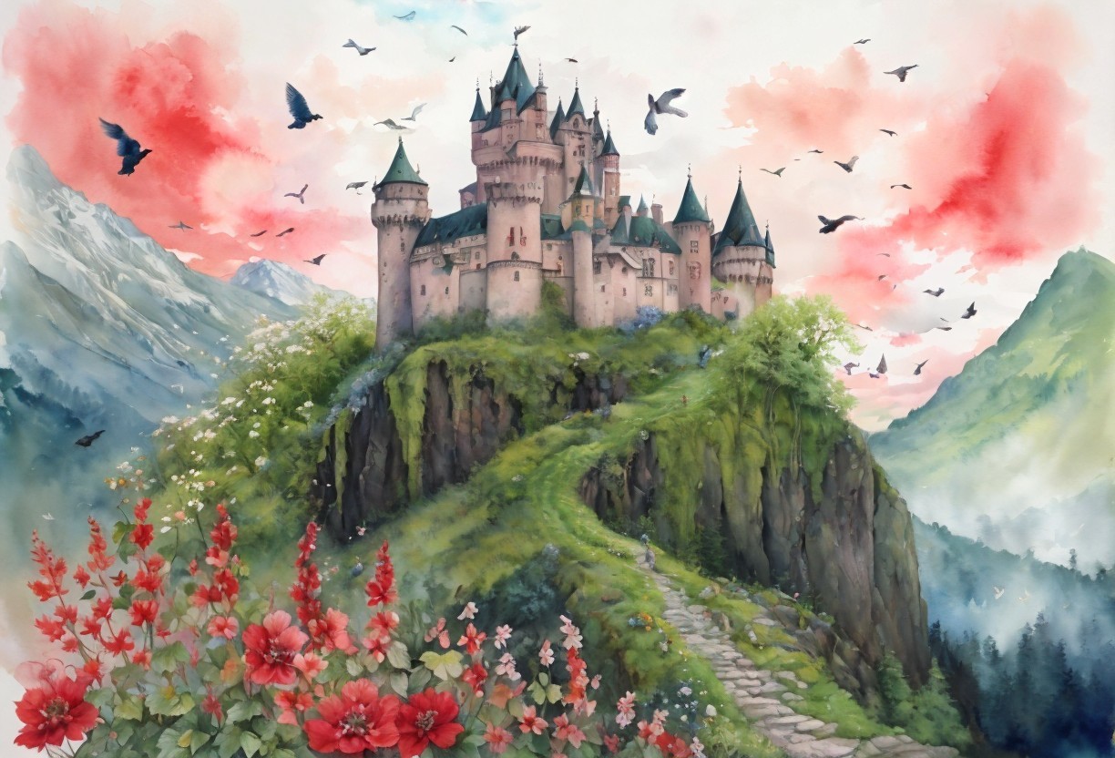 Majestic castle on a hill with vibrant flowers and mountains