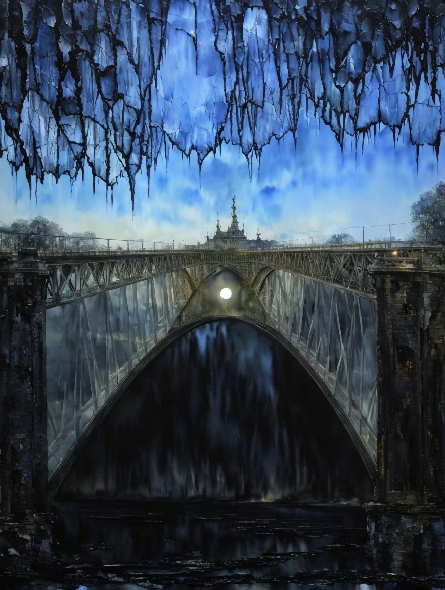 Grand Bridge Over Reflective Water in Mystical Setting