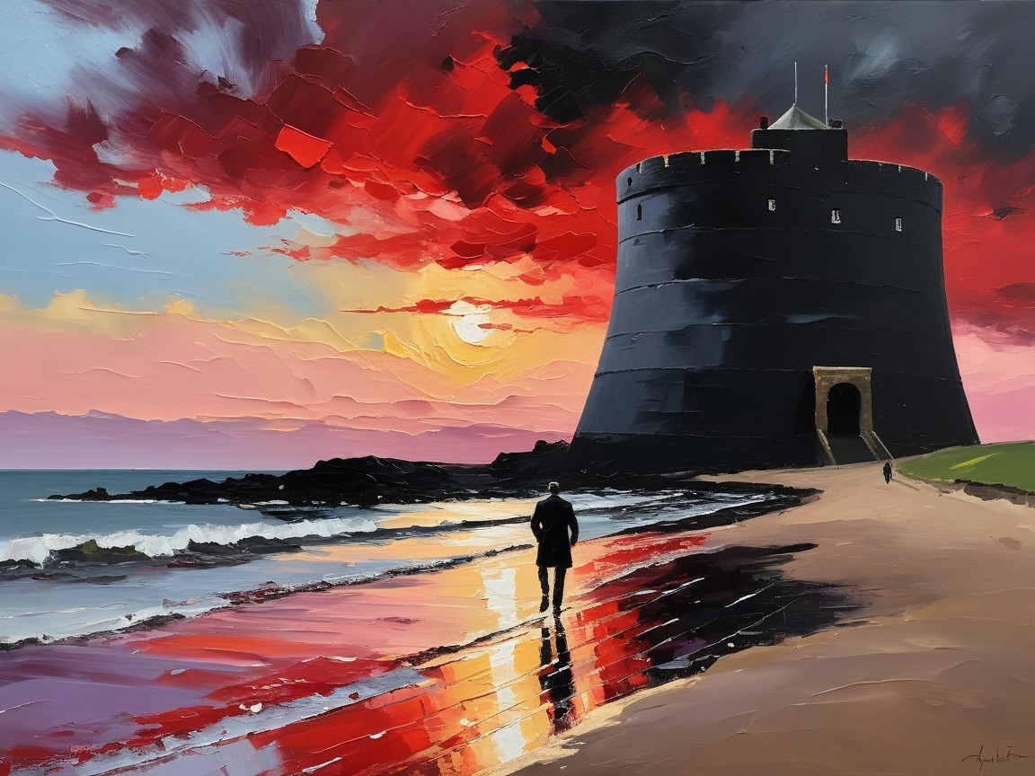 Dramatic Coastal Scene with Tower and Sunset Sky