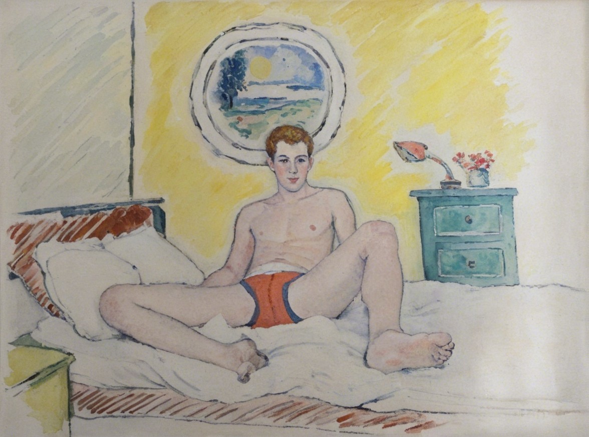 Young man in orange swim briefs on a bed scene