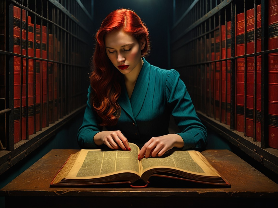 Woman with Red Hair Reading at Wooden Table