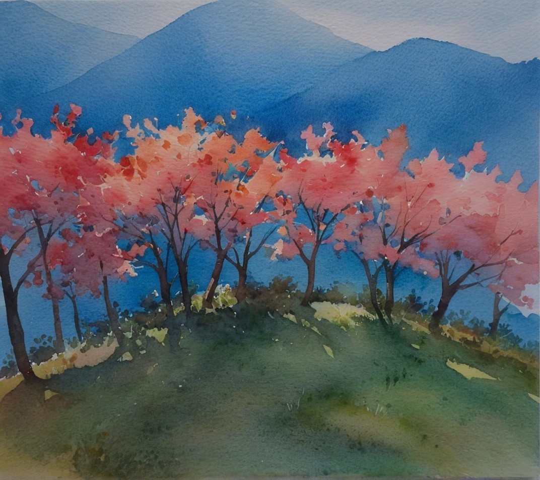 Serene Landscape with Pink Trees and Blue Mountains