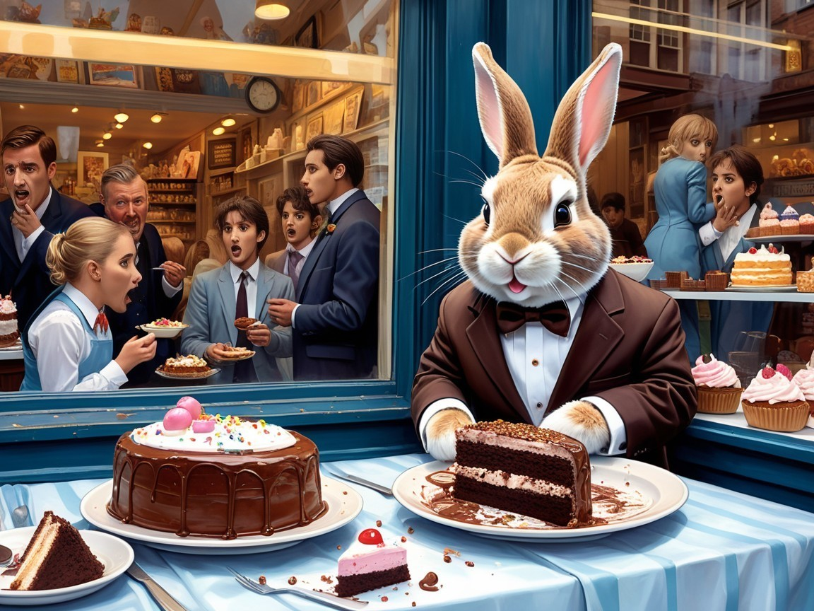 Whimsical Bakery Scene with Anthropomorphic Rabbit and Cake