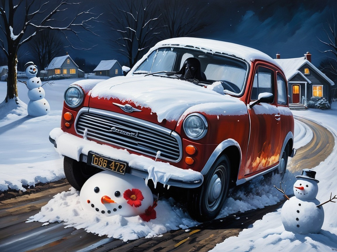 Vintage Red Car Stuck in Snowy Winter Scene