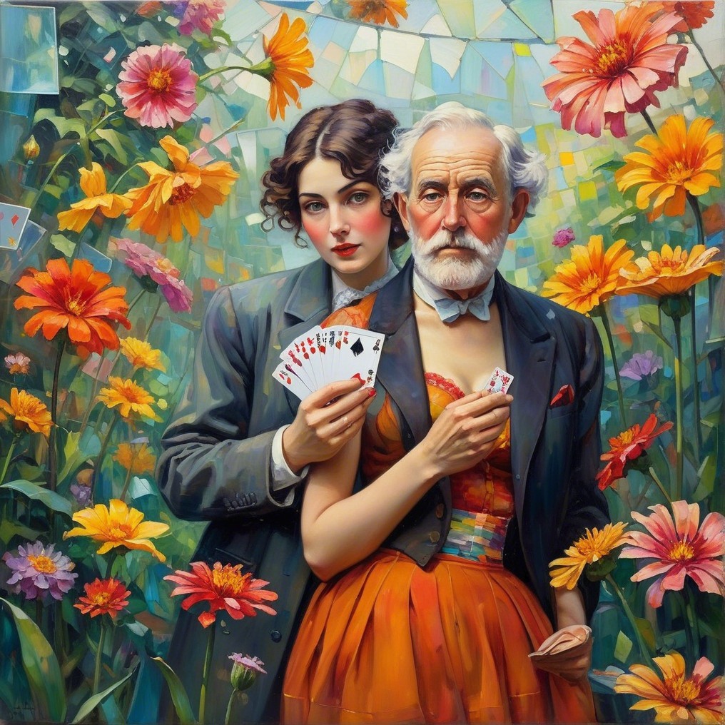 Young Woman and Elderly Man in Colorful Garden Scene