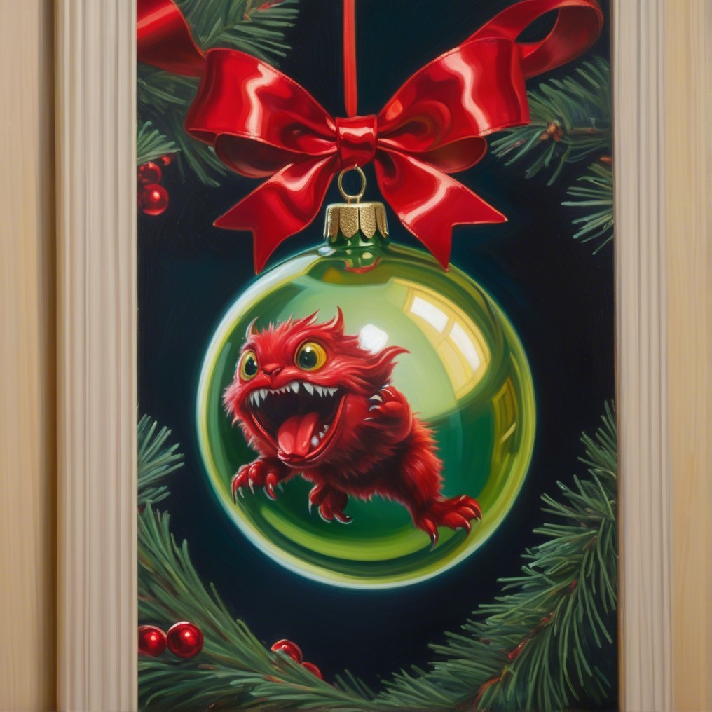 Whimsical Holiday Ornament with Red Creature and Bauble