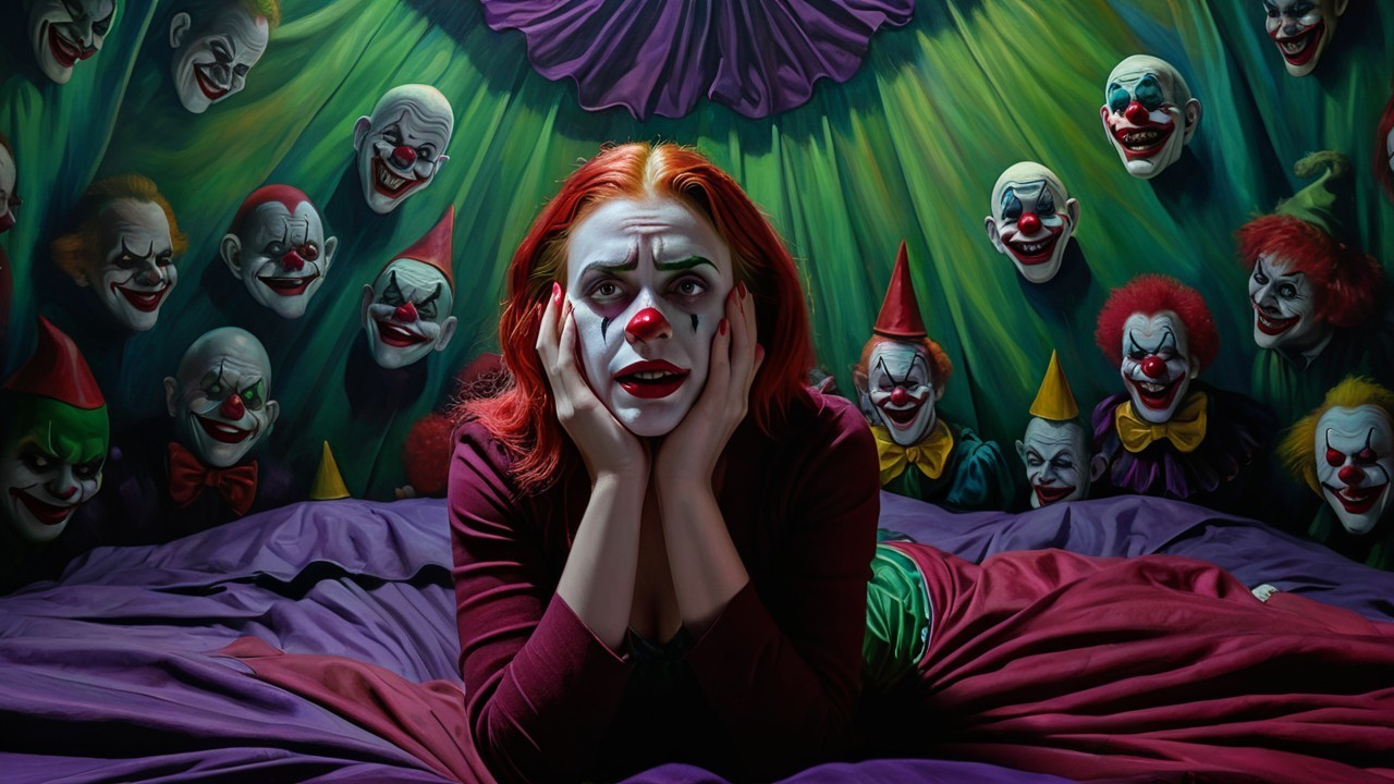 Surreal Scene of Woman with Clown Makeup and Fabrics