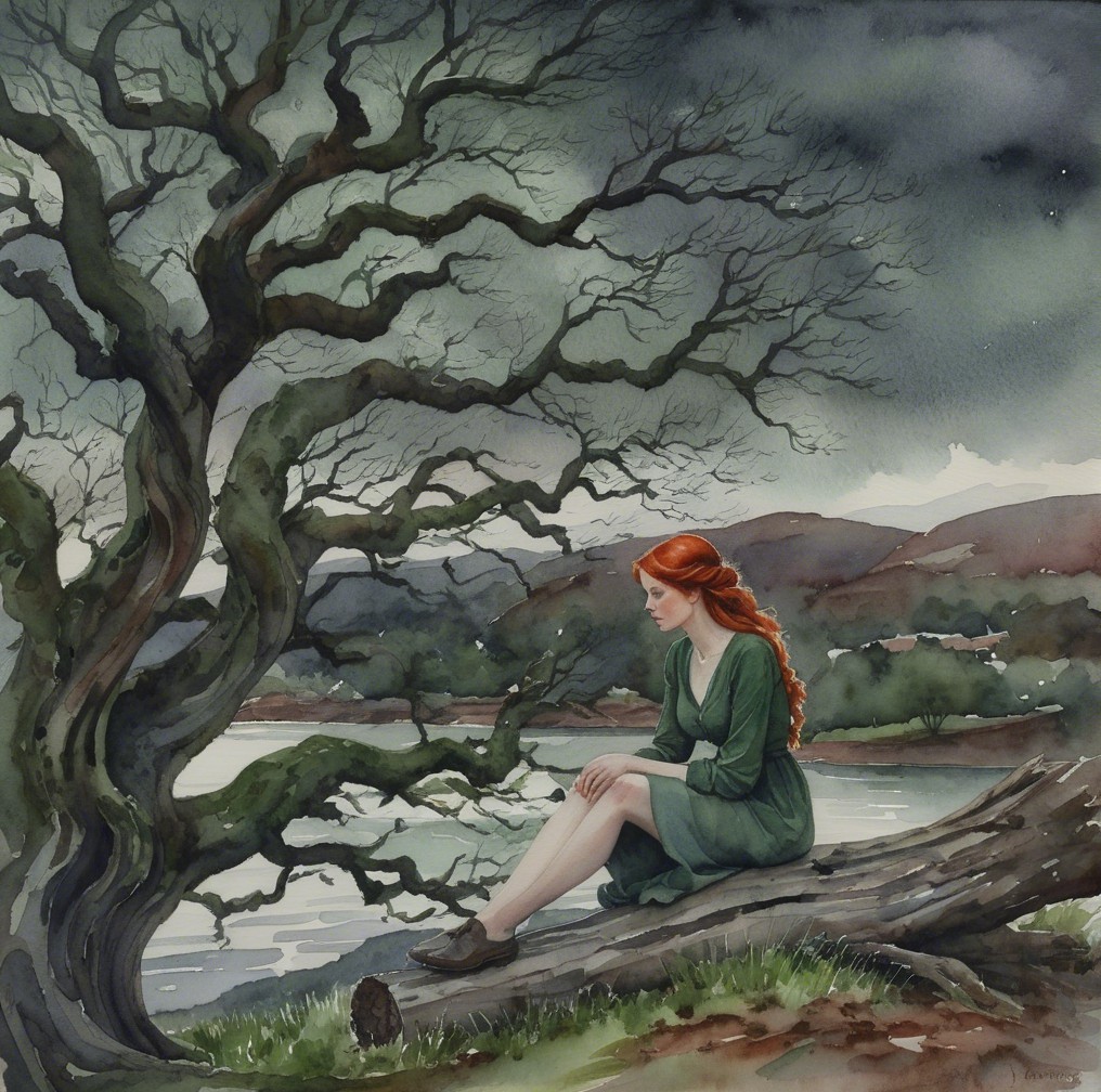 Watercolor Scene of Woman by a Calm Lake