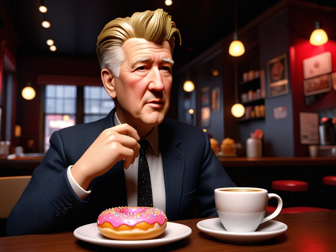 Stylized character in café with donut and coffee