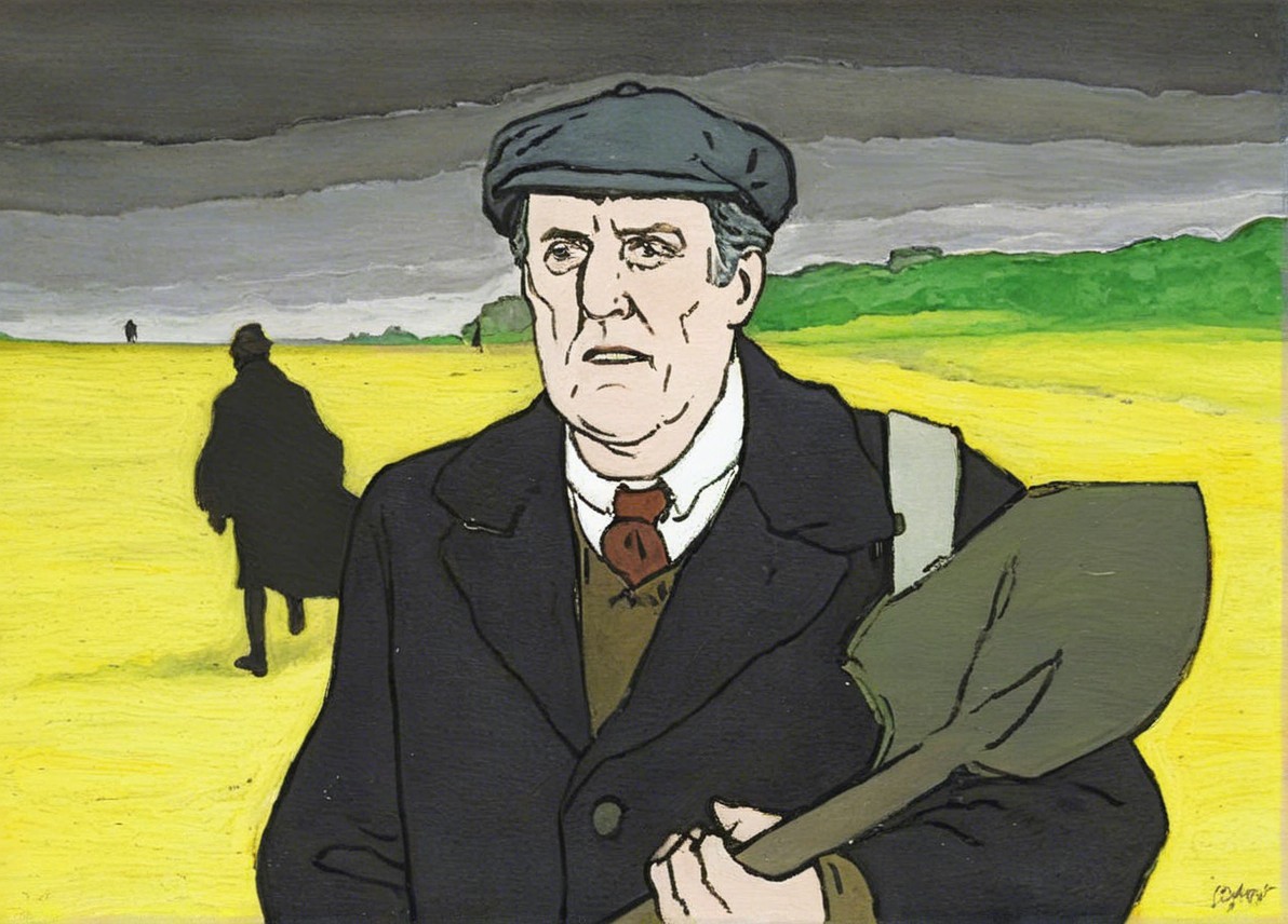 Somber Figure in Yellow Field with Shovel and Cap