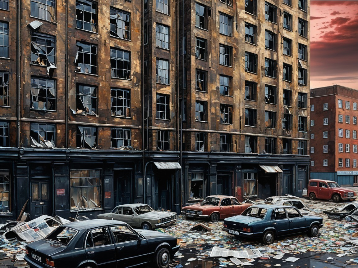 Urban Decay Scene with Dilapidated Building and Debris