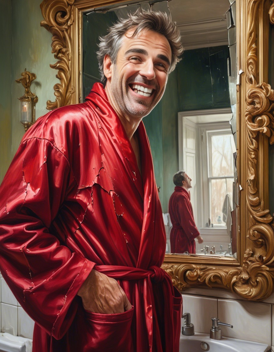 Man in Red Robe by Vintage Mirror with Classic Decor