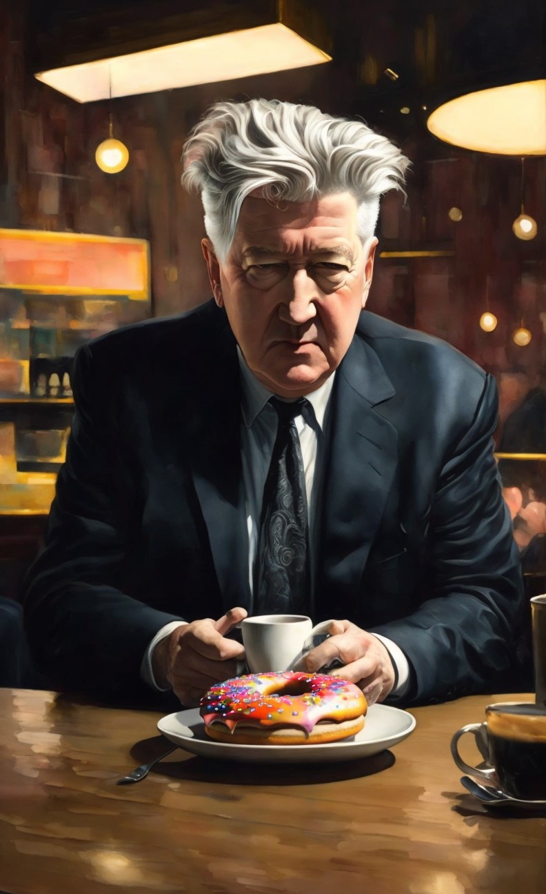 Man in Suit Contemplates Donut in Cozy Café Setting