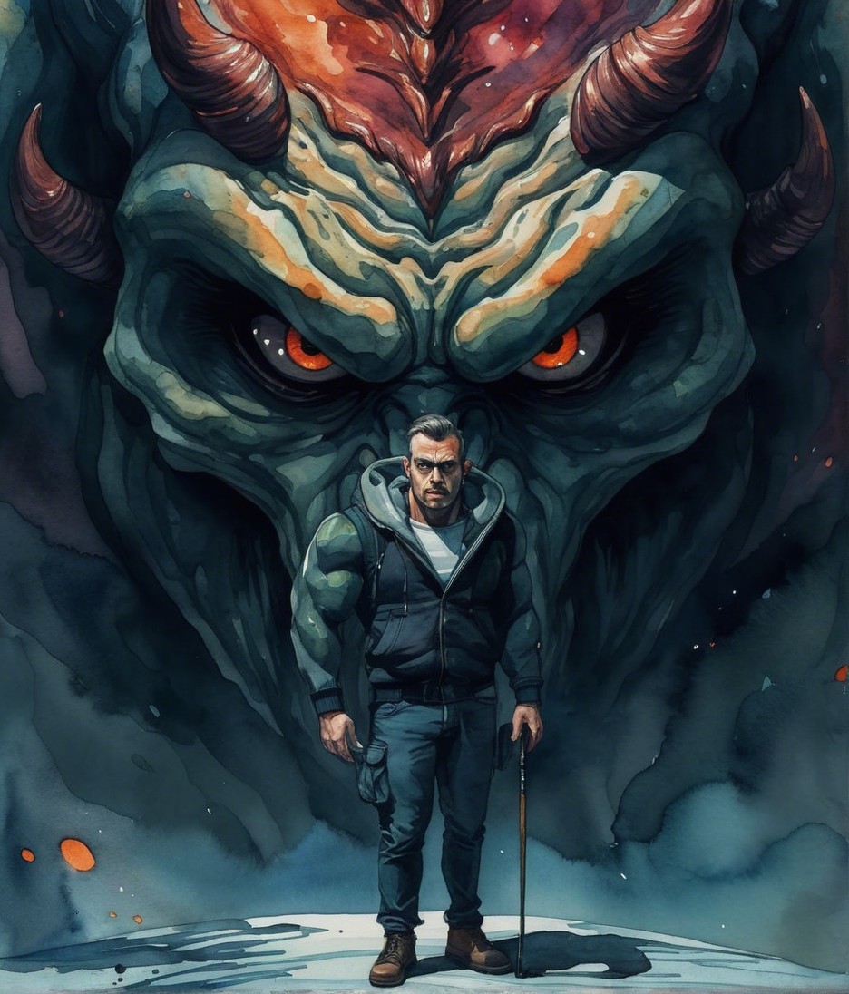 Muscular Man Confronts Demon in Dark Atmosphere