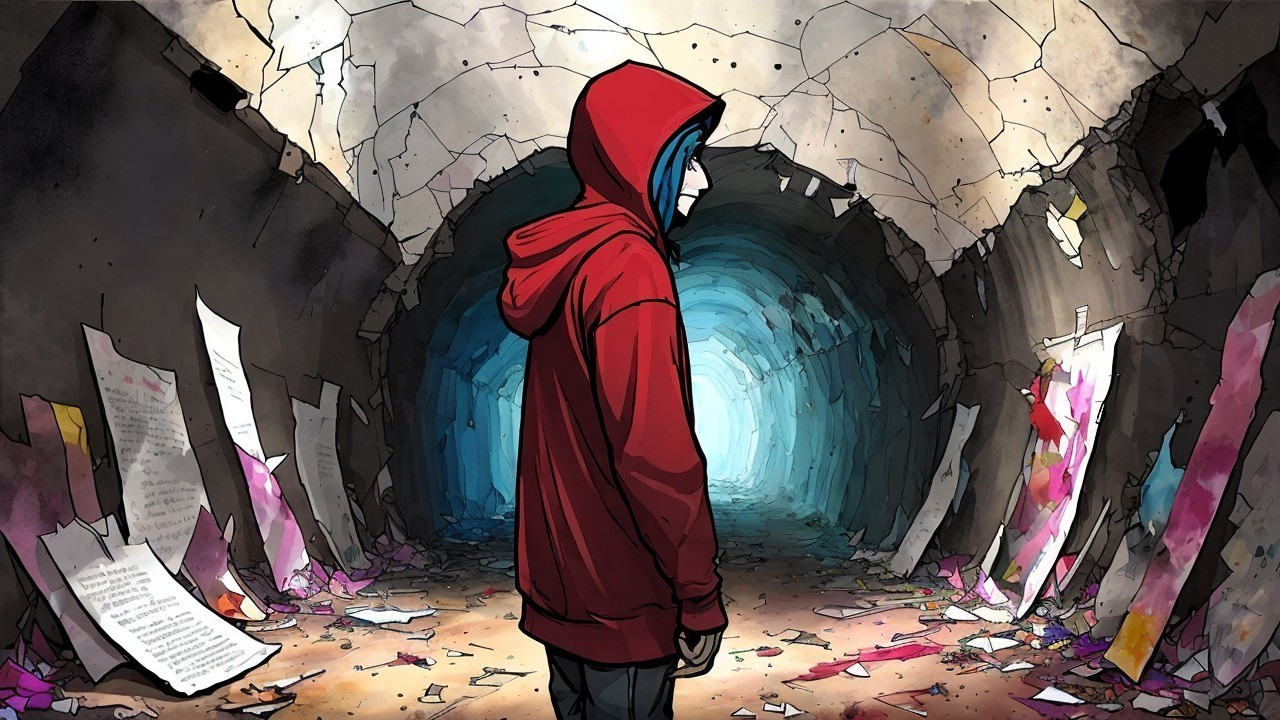 Lone Figure in Red Hoodie in Dark Tunnel Illustration