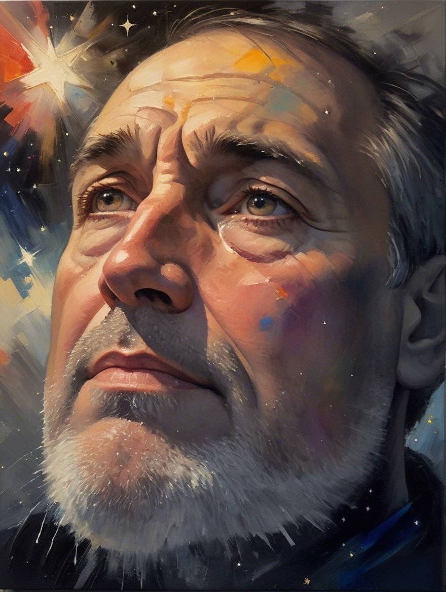 Contemplative Man Against Cosmic Background in Painting