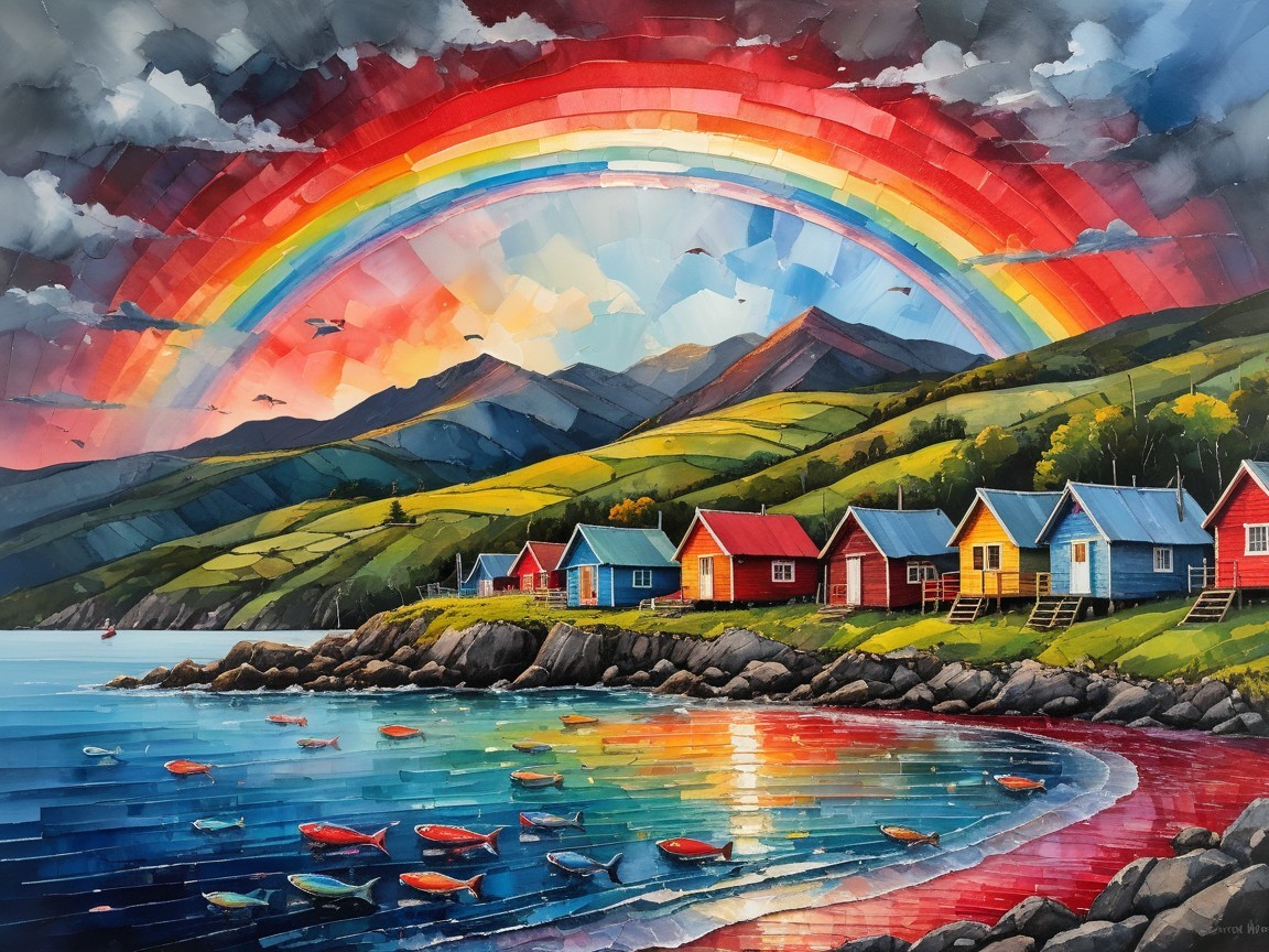 Coastal Village with Colorful Houses and Rainbow