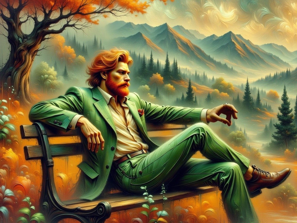 Stylish Man in Green Suit Against Autumn Landscape