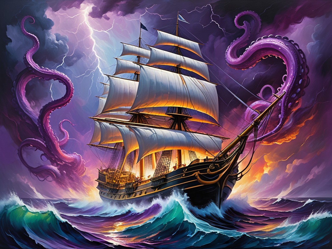 Majestic sailing ship amidst turbulent seas and lightning