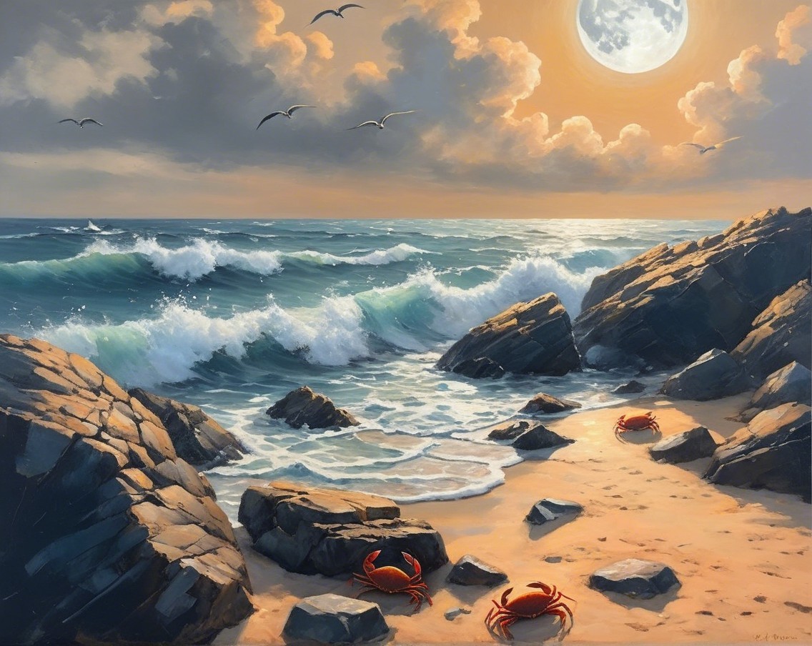 Twilight Coastal Scene with Waves and Seagulls