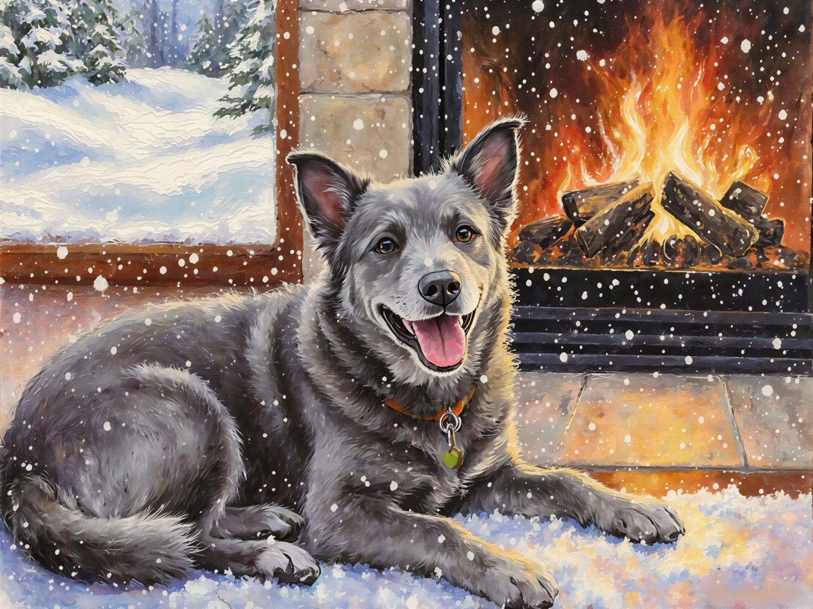 Happy Grey Dog by Fireplace in Snowy Setting
