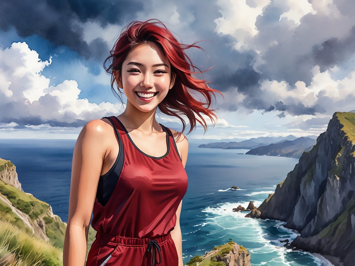 Young woman with red hair at coastal cliffs scene