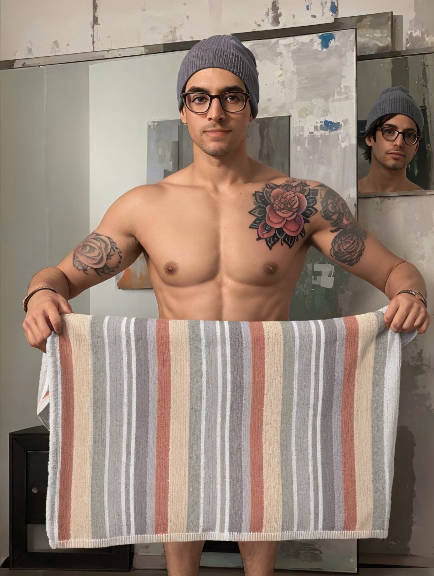 Young man with tattoos and beanie in a blurred setting