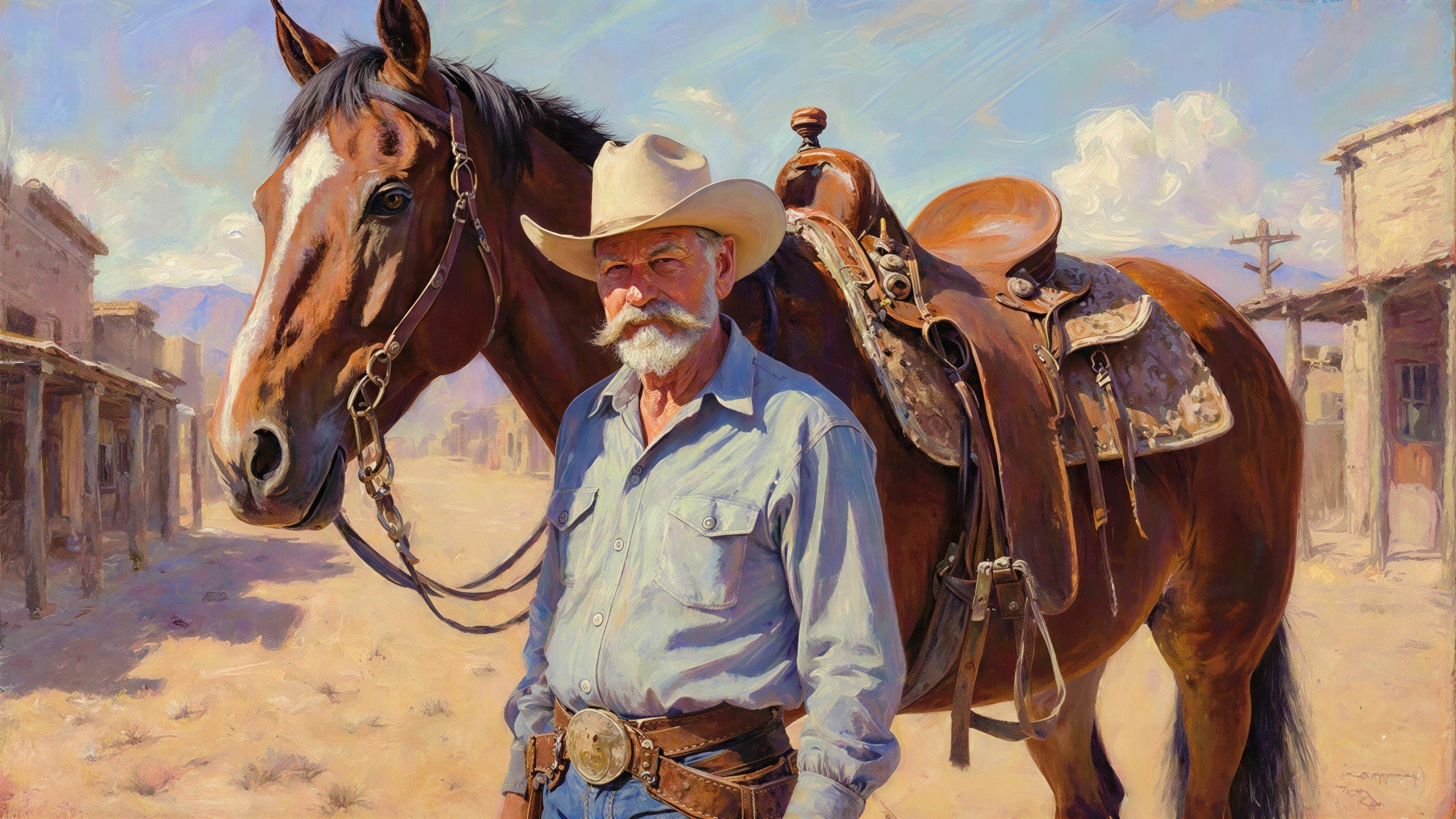 Oil Painting of Older Man with Horse and Cowboy Hat