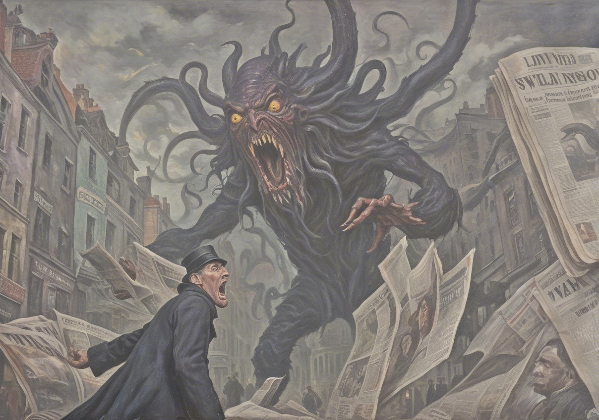 Monstrous Figure in Dark Chaotic Street Scene