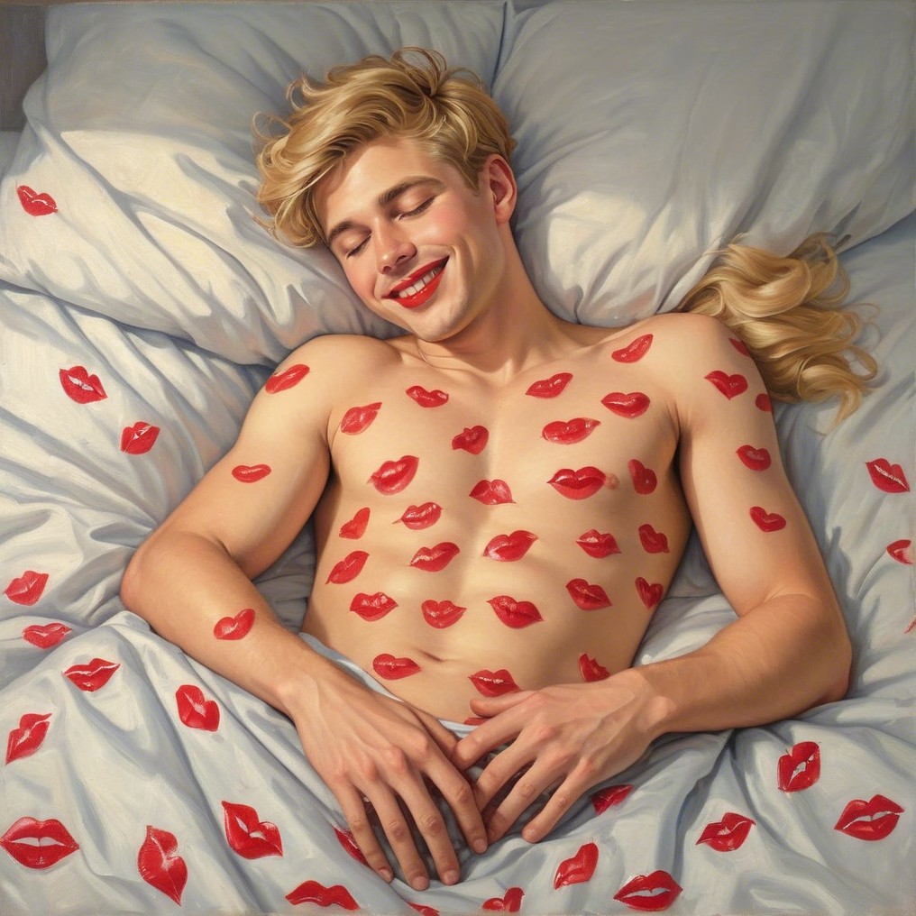 Young man on bed with lipstick kisses and soft sheets