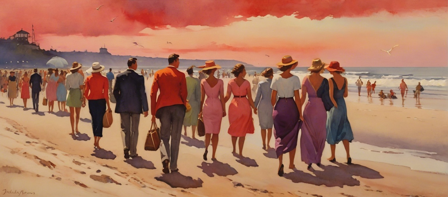 Vibrant Beach Scene with Elegantly Dressed Strollers