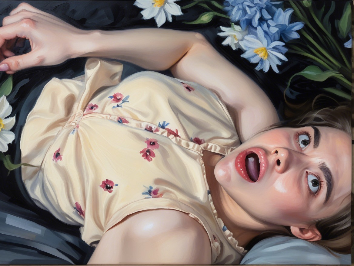 Young woman in floral blouse surrounded by flowers