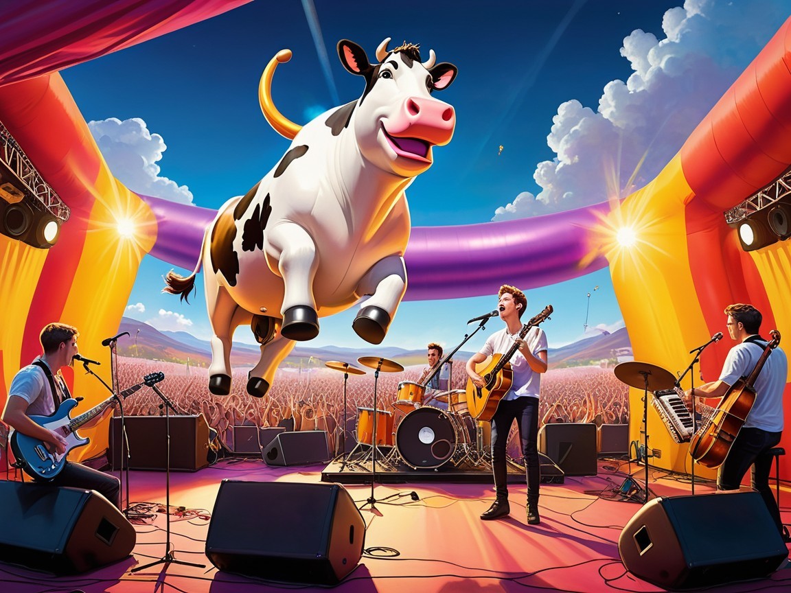 Vibrant Concert Scene with Band and Floating Cow