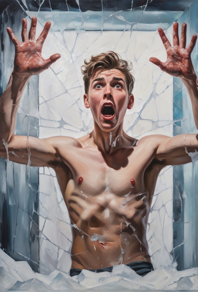 Young man screaming against shattered glass backdrop