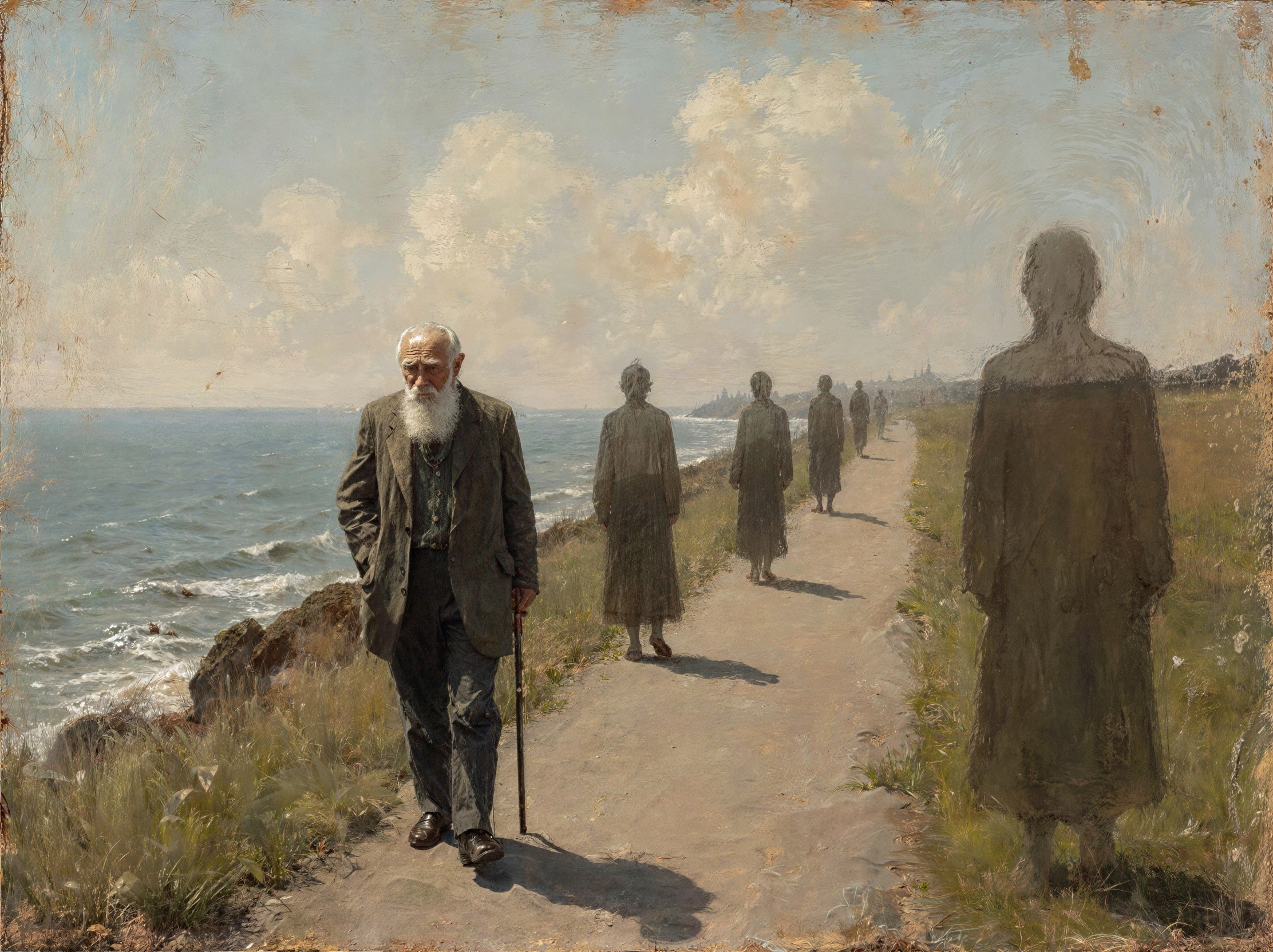 Coastal Path Scene Featuring an Older Man Walking