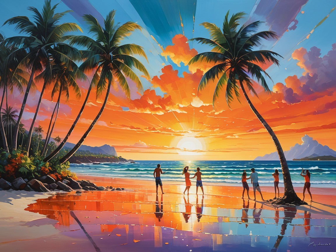 Vibrant Beach Sunset with Silhouetted Figures and Palm Trees
