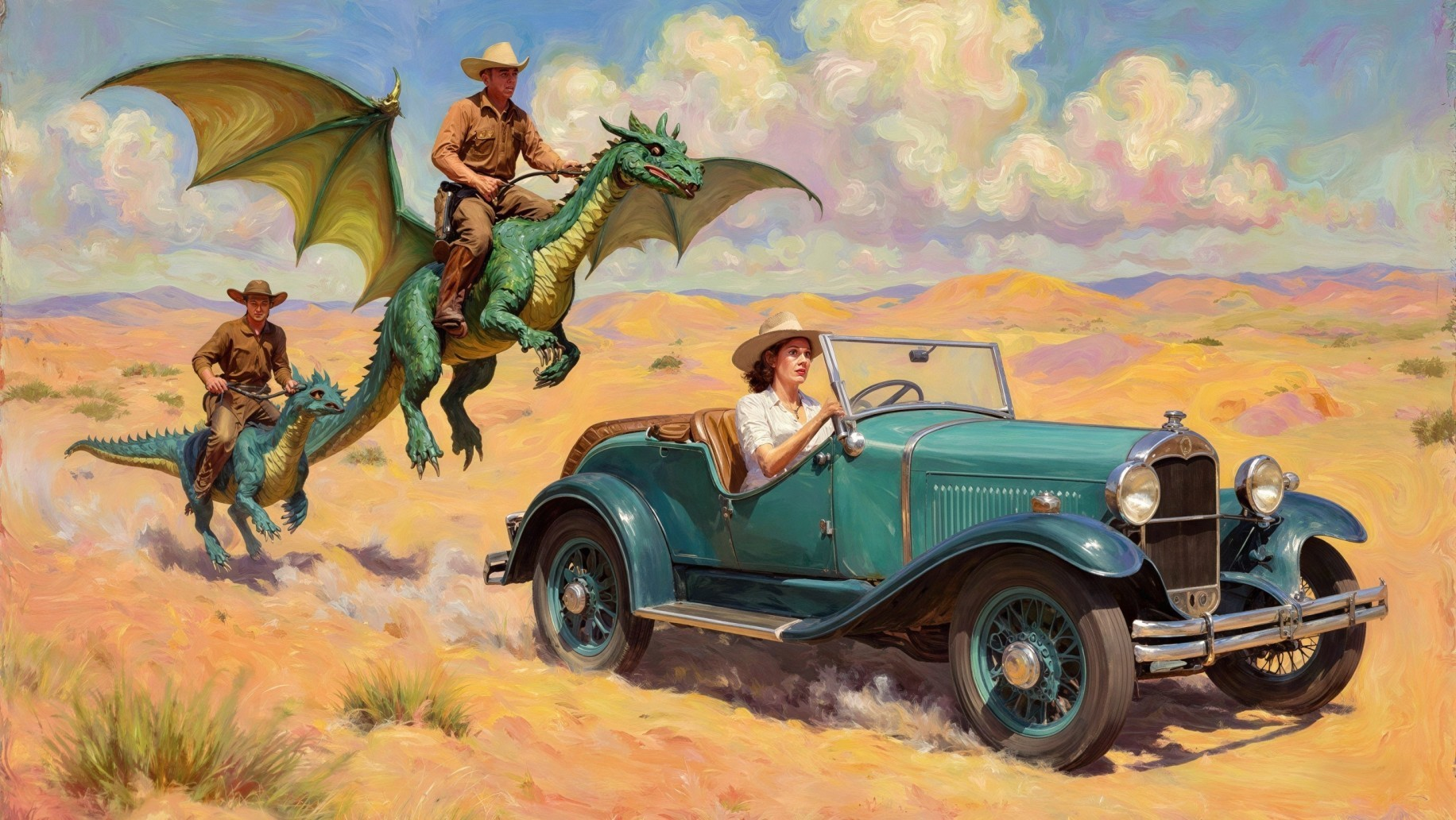 Desert Scene with Vintage Car and Dragons