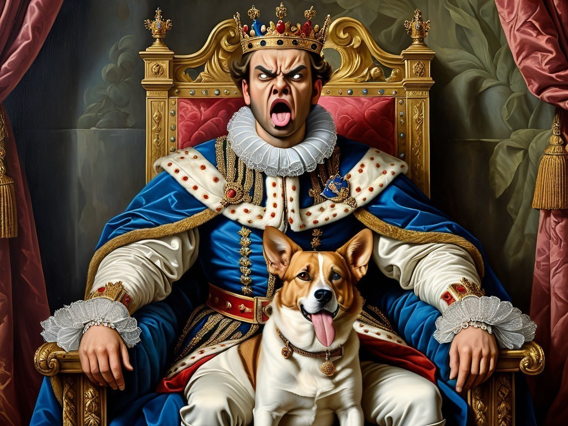 Regal figure on throne with corgi in lush foliage