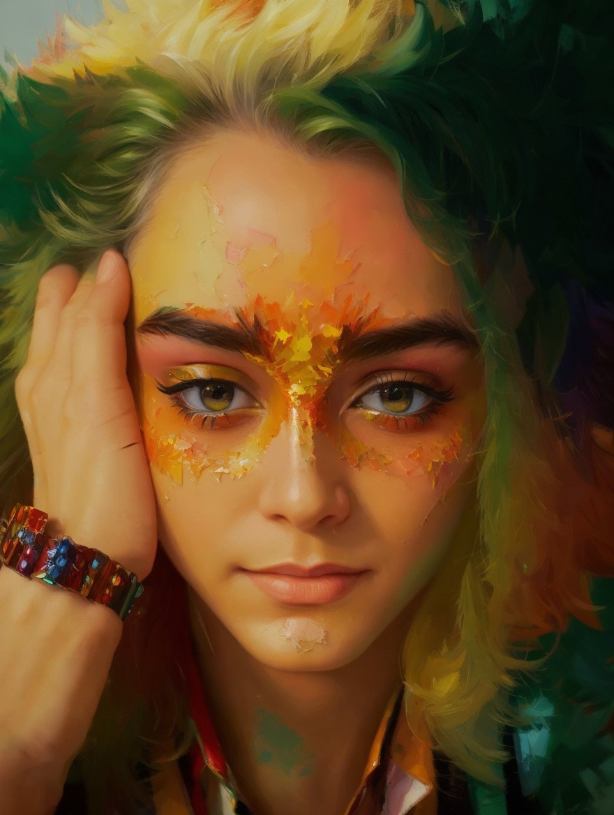 Vibrant Portrait with Multi-Colored Hair and Face Paint