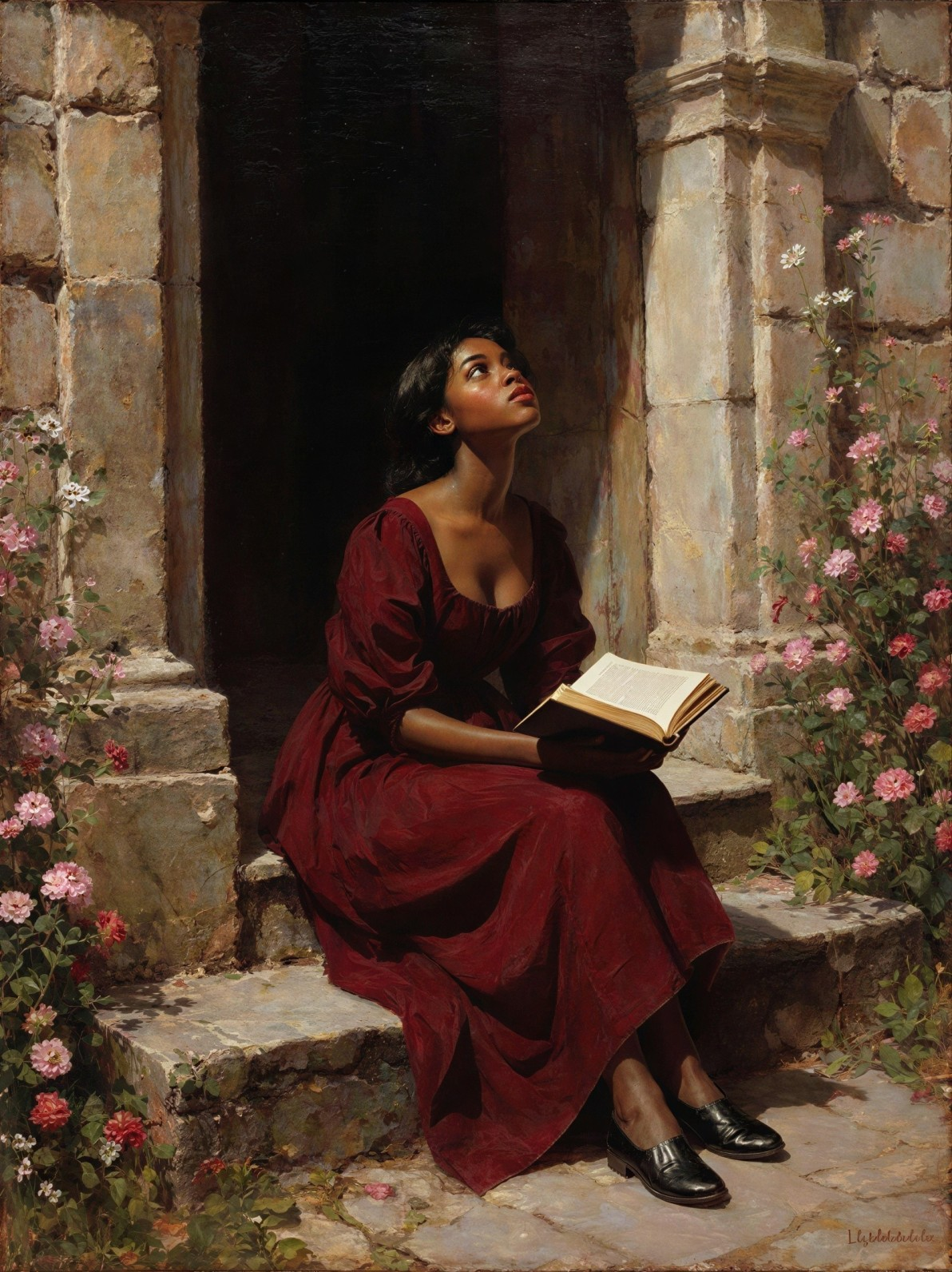 Young Woman in Red Gown by Flowering Archway