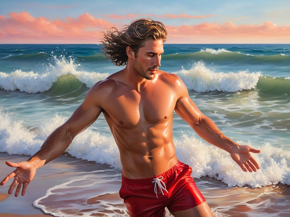 Muscular Man at Shoreline During Colorful Sunset