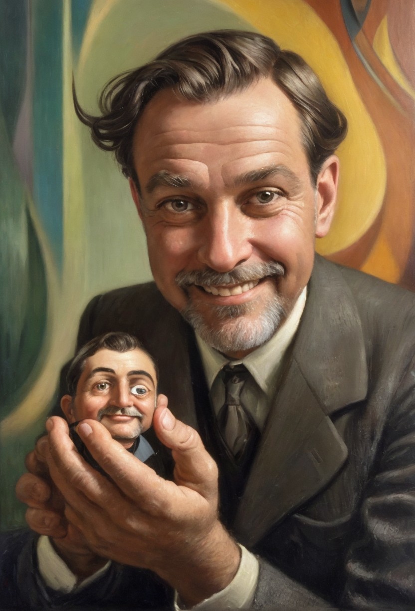 Man in Vintage Suit with Miniature Wooden Figure