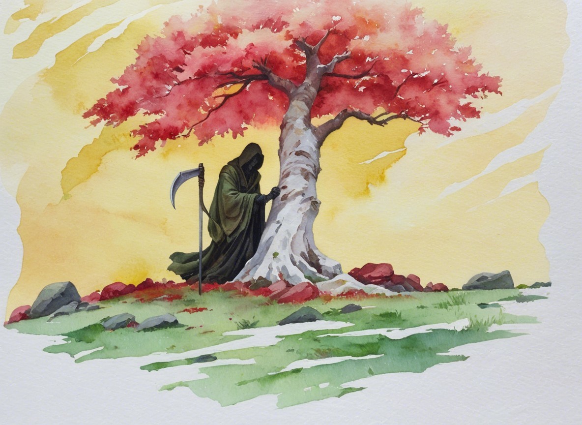 Hooded Figure and Vibrant Tree in Serene Landscape